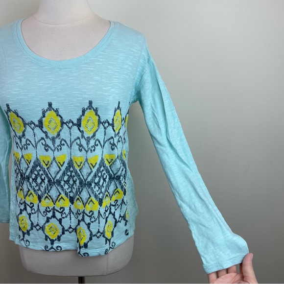 Chip & Pepper Blue Yellow Boho Bohemian Lace Long Sleeve Top Women XS - Picture 4 of 7